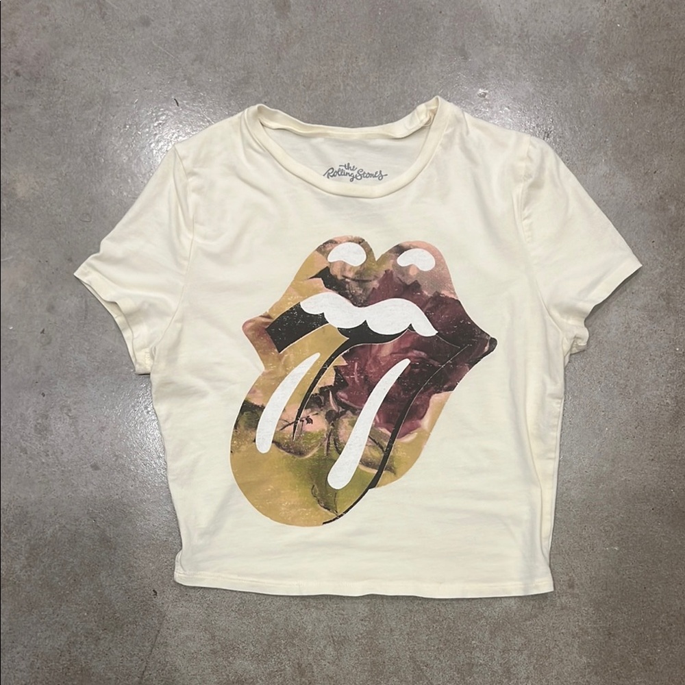 Rolling Stones Vintage Graphic Crew Neck Crop T-Shirt Cream Size L